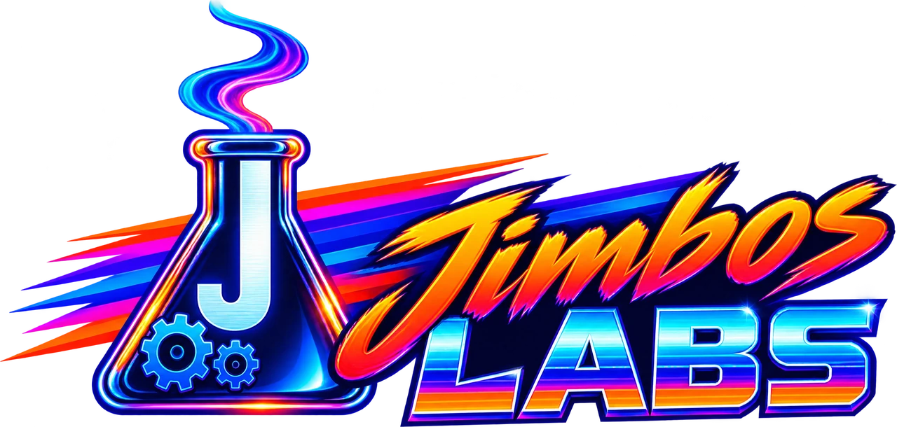 Jimbos Labs logo: a neon flask with a chrome J and rising smoke